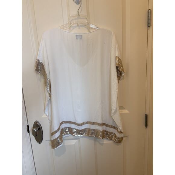 Mud Pie Top Women One Size White Gold Sequin Boxy Cap Sleeve V Neck Blouse - Picture 6 of 6